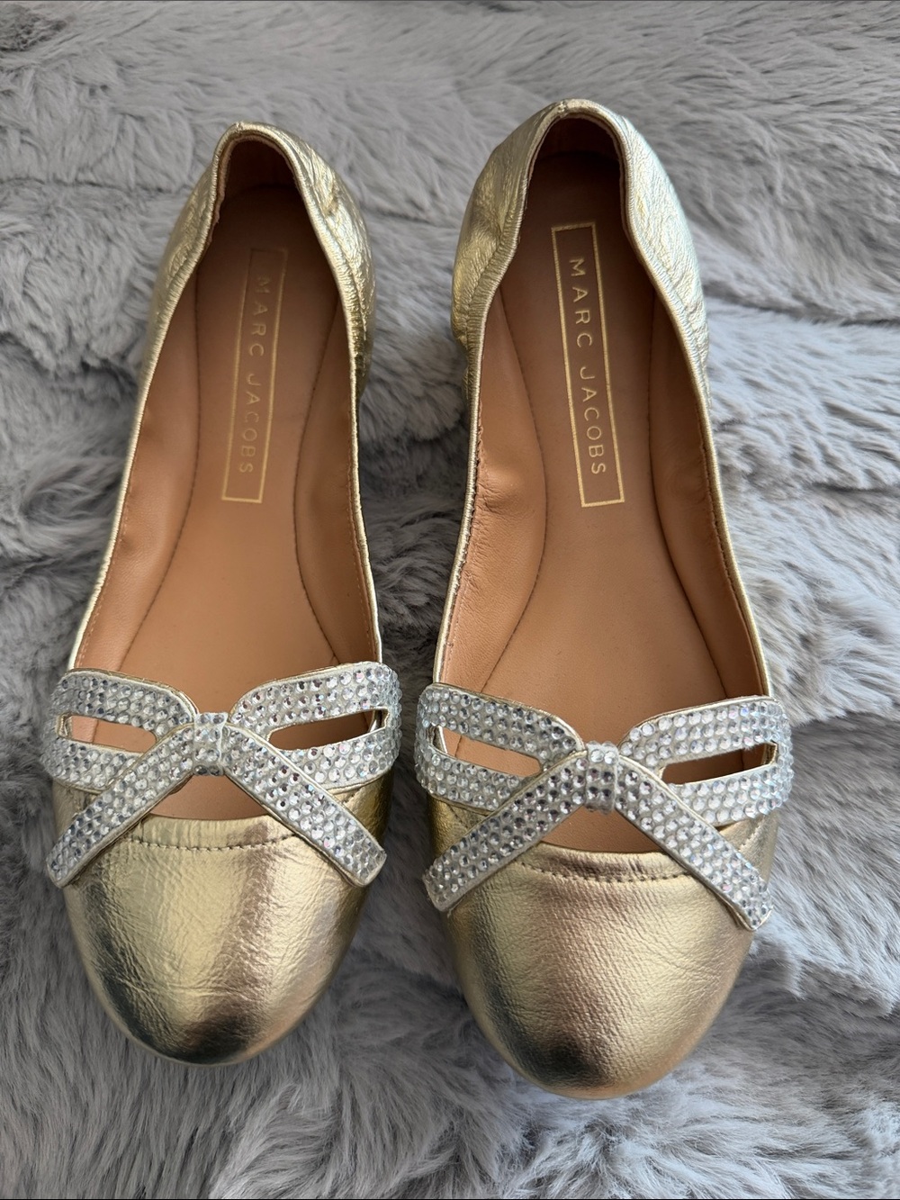 Marc Jacobs Metallic Gold Rhinestone Bow Flats